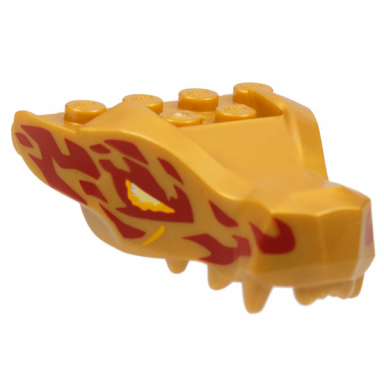pearl gold dragon head ninjago jaw with 2 bar handles on back with bright light orange and bright light yellow eyes and red flames pattern