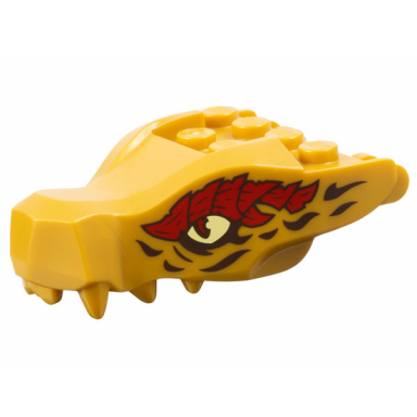 pearl gold dragon head ninjago jaw with 2 bar handles on back with bright light yellow eyes and dark red and black scales pattern