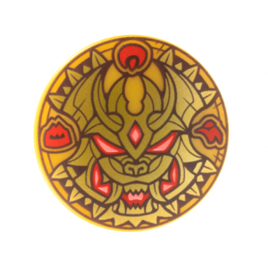 pearl gold minifigure shield circular round convex face with gold and dark brown dragon face red and coral eyes mouth and symbols pattern