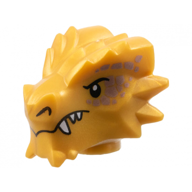 pearl gold minifigure head modified dragon with black eyes and nostrils copper scales white sharp teeth pattern