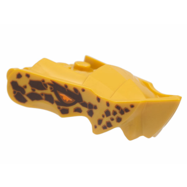 pearl gold dragon head ninjago jaw with small spikes and 2 bar handles on back with orange eyes and dark brown spots pattern