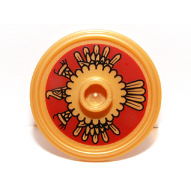 pearl gold minifigure shield circular round rimmed face with stud with dark red and gold aztec pattern