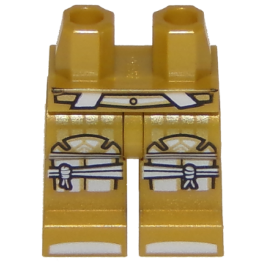 pearl gold hips and legs with white and gold belt knee armor tied and sandals pattern