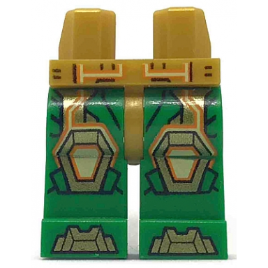 pearl gold hips and green legs with gold knee pads and armor toes bright light yellow and orange circuitry pattern