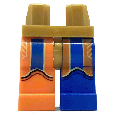pearl gold hips and 1 blue left leg 1 orange right leg with orange and blue coattails pattern