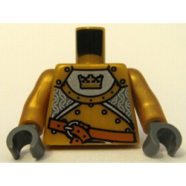 pearl gold torso castle fantasy era gold knight armor with crown dark orange belt with silver buckle pattern pearl gold arms dark bluish gray hands