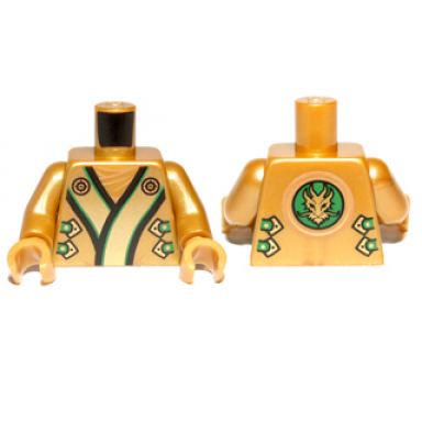 pearl gold torso ninjago robe with black green and gold trim straps clasps dragon head in circle on back pattern pearl gold arms pearl gold hands
