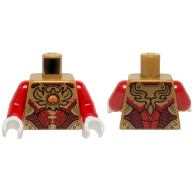 pearl gold torso vest with dark red and gold armor elaborate with scales and side panels and fire chi emblem pattern red arms white hands