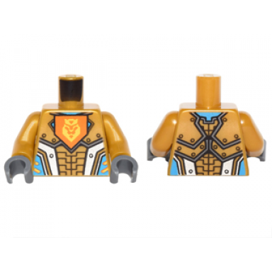 pearl gold torso nexo knights armor with orange emblem with king pattern pearl gold arms dark bluish gray hands