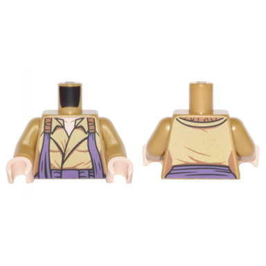pearl gold torso open coat with collar orange and dark purple loose straps pattern pearl gold arms light nougat hands