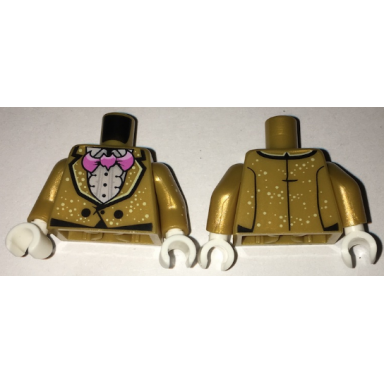 pearl gold torso jacket with white speckles over ruffled shirt pink bat bow tie two black buttons pattern pearl gold arms with speckles pattern white hands