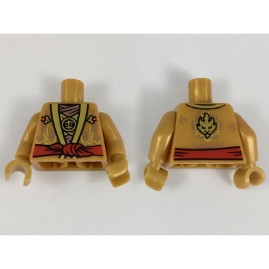 pearl gold torso ninjago robe gold and copper flames red sash pattern pearl gold arms pearl gold hands