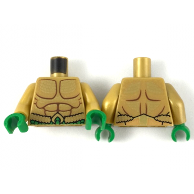 pearl gold torso bare chest with muscles outline gold scales and green belt pattern pearl gold arms green hands