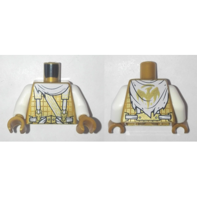 pearl gold torso ninjago cape suspenders with dragon clasps dragon logo on back pattern white arms pearl gold hands