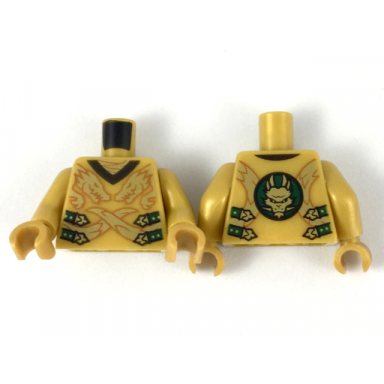 pearl gold torso robe with 2 gold dragon heads and tails dark green straps with gold clasps pattern pearl gold arms pearl gold hands