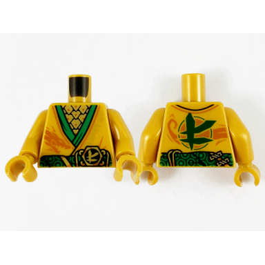 pearl gold torso tunic with green hems and sash gold scale armor dark orange dragon and gold ninjago logogram letter l pattern pearl gold arms pearl gold hands