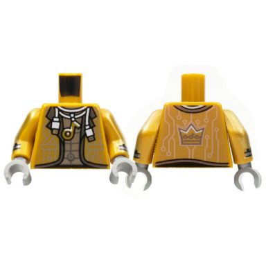 pearl gold torso jacket white usb cable necklace with music note and silver circuitry crown on back pattern pearl gold arms with cuff and silver circuitry flat silver hands