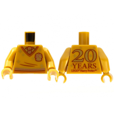 pearl gold torso harry potter sweater and tie gryffindor stripe and shield 20 years lego harry potter on back pattern pearl gold arms pearl gold hands