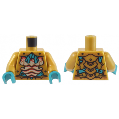 pearl gold torso armor dark turquoise tie and straps red and tan scales pattern pearl gold arms dark turquoise hands