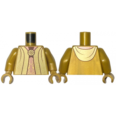 pearl gold torso gold robe open with copper lining and hood over ornate vertical sash circle brooch dark brown neck pattern pearl gold arms pearl gold hands