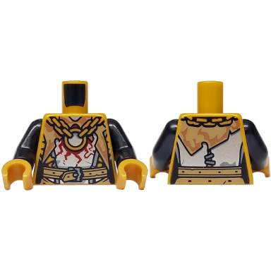pearl gold torso armour with silver metal plates and dark red cracks dark tan panels and belt with buckle chain pendant pattern black arms pearl gold hands