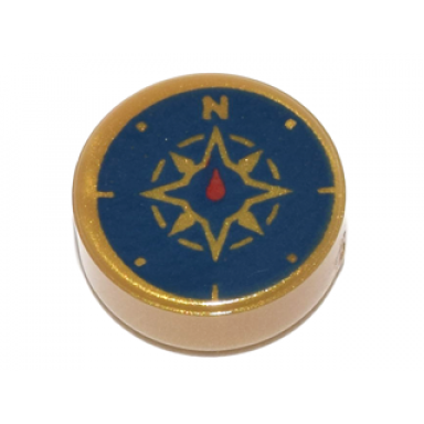 pearl gold tile round 1 x 1 with dark blue compass rose and red needle pattern