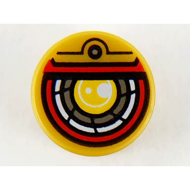 pearl gold tile round 1 x 1 with yellow silver white and red robotic eye pattern