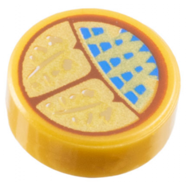 pearl gold tile round 1 x 1 with reddish brown and gold scarab of ammit with blue spots and dark tan symbols pattern