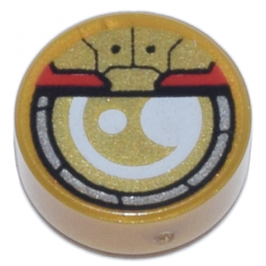 pearl gold tile round 1 x 1 with white silver red and gold robotic eye silver outside circle pattern
