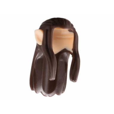 dark brown minifigure hair long wavy with braid and molded hard plastic light nougat elf ears pattern - flexible rubber