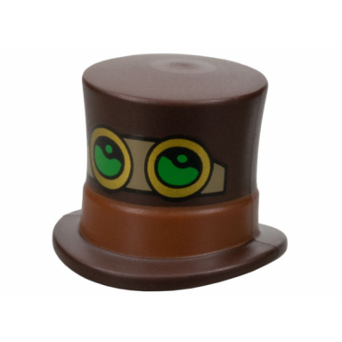 minifigure headgear hat top hat large with molded reddish brown band and printed black dark tan and gold goggles with bright green lenses pattern