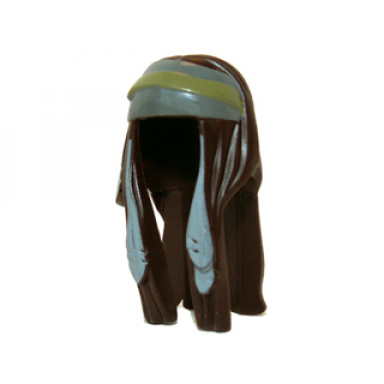 dark brown minifigure hair long with feathers and light bluish gray olive green bandana pattern