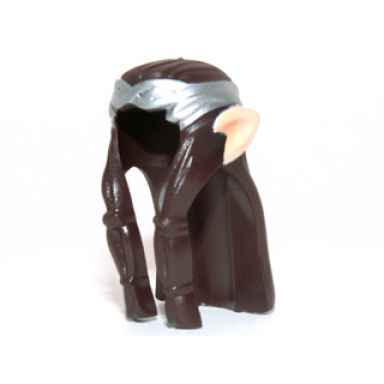 dark brown minifigure hair long wavy and braids with silver headband and light nougat elf ears pattern