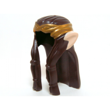 dark brown minifigure hair long wavy and braids with gold headband and light nougat elf ears pattern