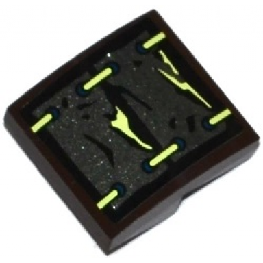 dark brown slope curved 2 x 2 x 2 3 with 2 armor plates with yellowish green laces and stains pattern sticker - set 70737