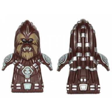 dark brown minifigure head modified sw wookiee chief tarfful with dark tan face fur teeth and silver hair ornaments pattern