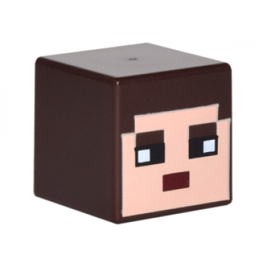 dark brown minifigure head modified cube with pixelated light nougat face black eyes and dark red mouth pattern minecraft skin