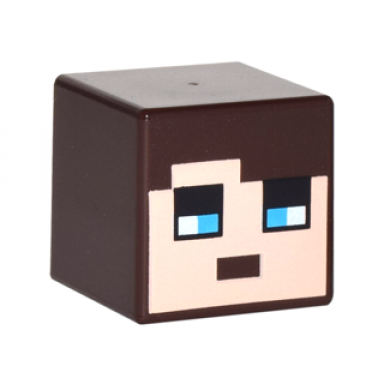 dark brown minifigure head modified cube with pixelated light nougat face medium azure eyes and black eyebrows pattern minecraft skin