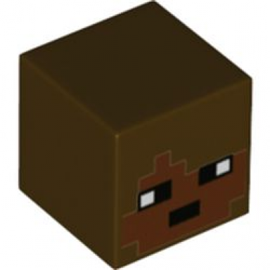 dark brown minifigure head modified cube with pixelated reddish brown face and black eyes and mouth pattern minecraft archaeologist