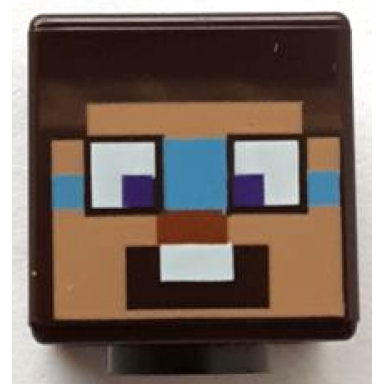 dark brown minifigure head modified cube with pixelated nougat face dark azure around dark purple eyes dark orange nose and surprised pattern minecraft steve