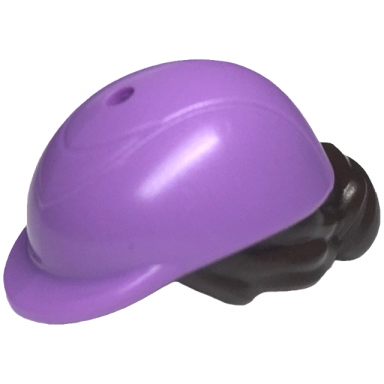 mini doll hair combo hair with hat bun and side bangs hole on top with molded medium lavender horse riding helmet pattern