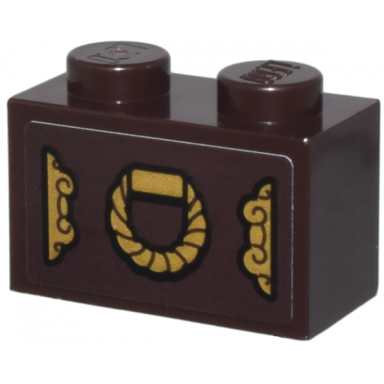 dark brown brick 1 x 2 with ornate gold clasps and round handle pattern sticker - set 76780