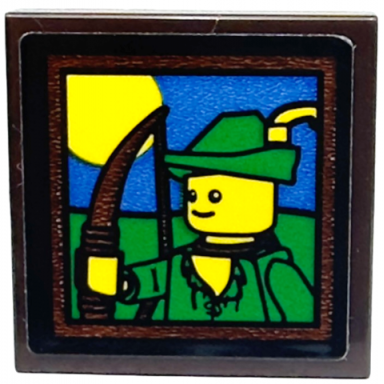 dark brown tile 2 x 2 with picture of forestman minifigure with green hat and yellow feather pattern sticker - set 910001