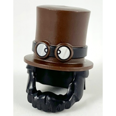 dark brown minifigure hair combo hair and beard with top hat large with band with goggles with glasses pattern