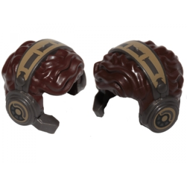 dark brown minifigure hair male tousled with pearl dark gray and dark tan headset with microphone pattern