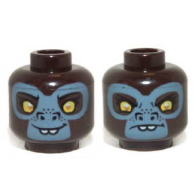 dark brown minifigure head dual sided alien chima gorilla with yellow eyes protruding front teeth and gray face happy sad pattern gloona