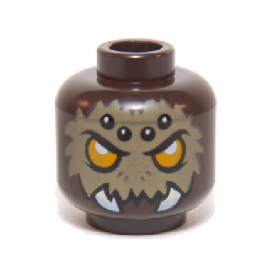 dark brown minifigure head alien chima spider with bright light orange eyes dark tan fur black and white spots on forehead and white fangs pattern