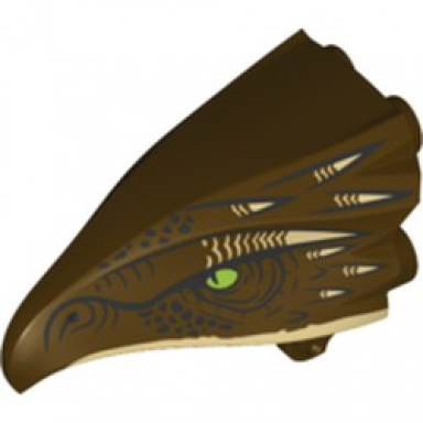 dark brown bird head jaw upper with dark brown beak and tan horns pattern hungarian horntail