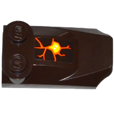 dark brown slope curved 3 x 2 x 2 3 with 2 studs wing end with orange cracks and lava pattern sticker - set 70321