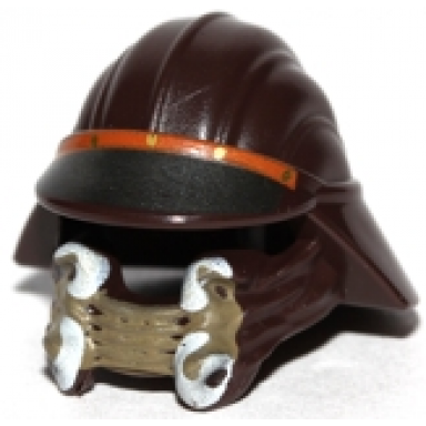 dark brown minifigure headgear helmet sw skiff guard with dark silver and dark orange visor dark tan face covering and white tusks pattern